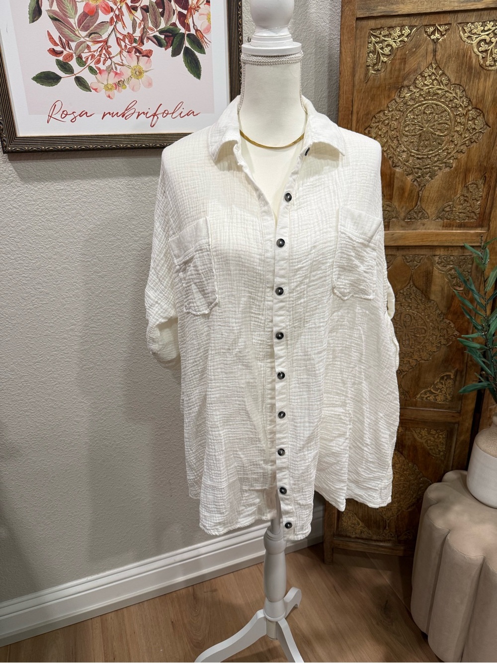 Ces Femme gauze textures White Button-Up Shirt 0071